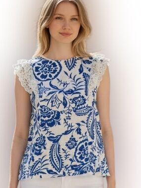 Kathy Ireland Blouse Womens XL Blue & White Floral Sleeveless Top Lace